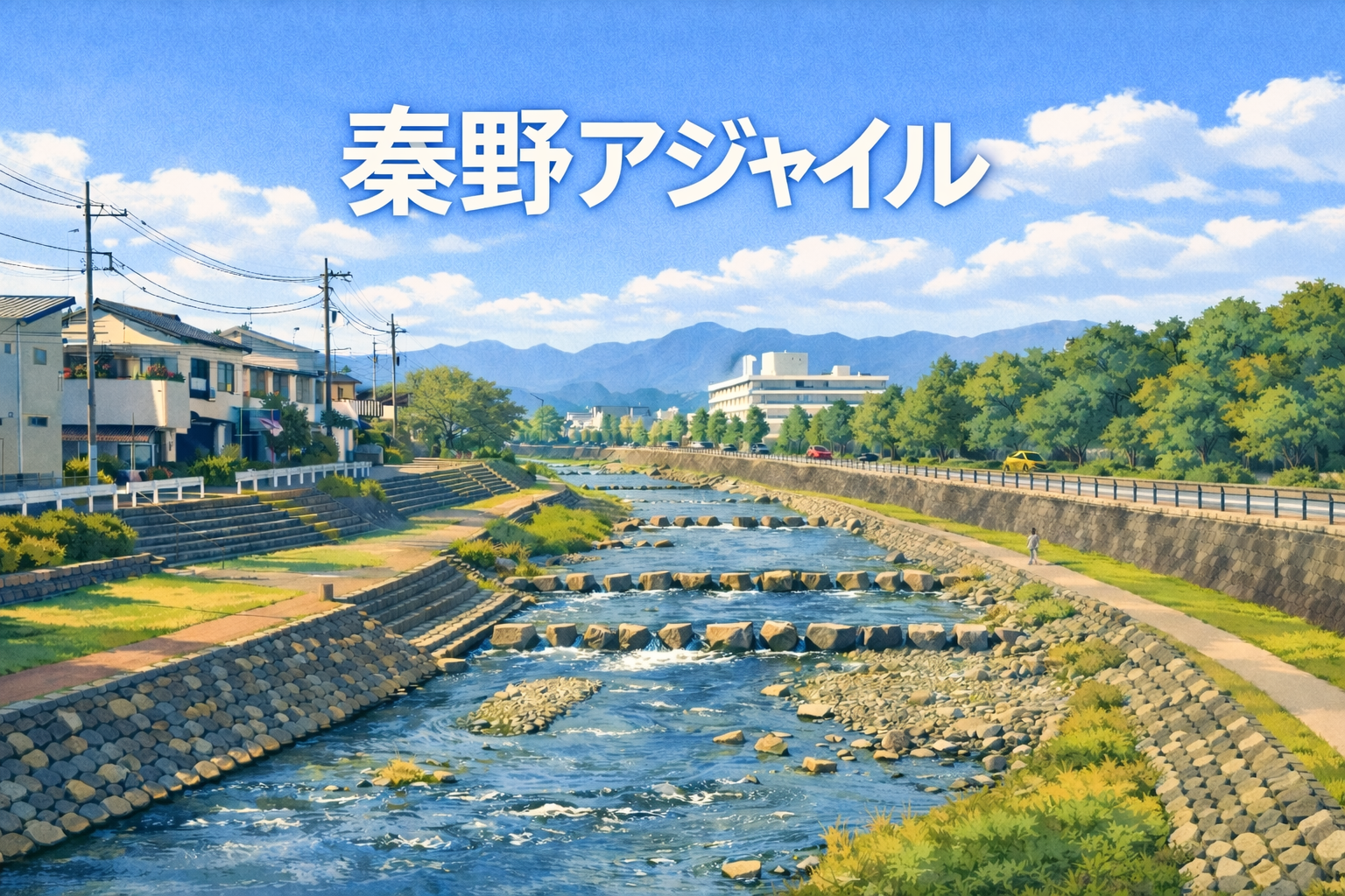 秦野アジャイルのキービジュアル。川沿いの風景と山並みを背景に秦野アジャイルの文字が描かれている。